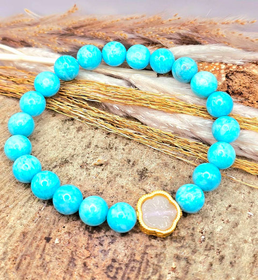 Natural Amazonite blue gemstone bracelet with gold cherry blossom charm-My Aura Gemstones