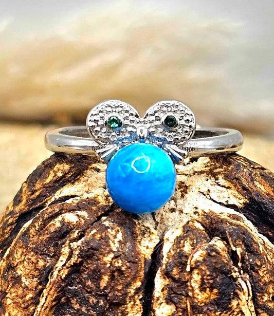 Natural Blue Apatite Owl Adjustable Ring featuring a genuine blue gemstone with a detailed silver-tone owl design.