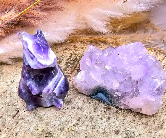 Natural dream amethyst rabbit figure and amethyst cluster crystal decor set — My Aura Gemstones