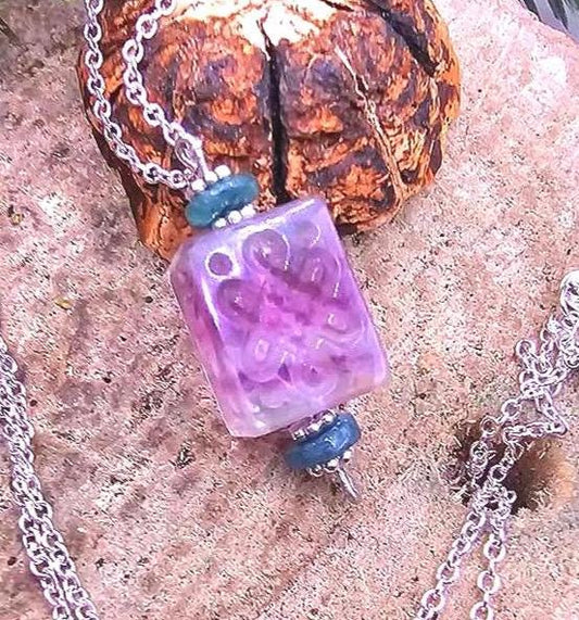 Purple fluorite carved fret-symbol cube pendant — My Aura Gemstones