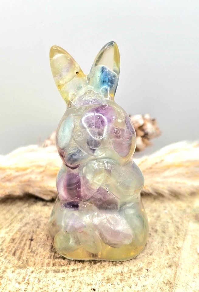Natural Fluorite Crystal chips blessing rabbit crystal decor figure front view — My Aura Gemstones