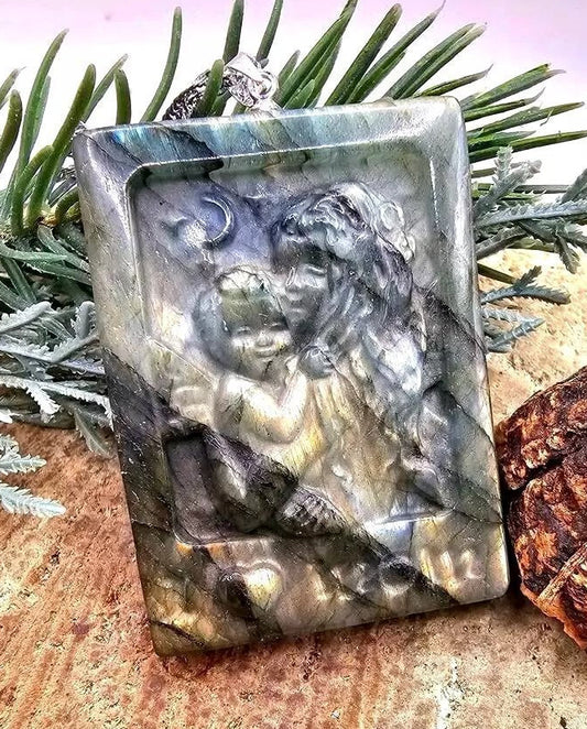 Hand-carved labradorite baby angel and mother pendant — My Aura Gemstones