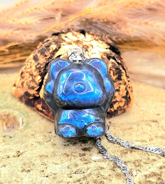 Natural labradorite carved bear crystal pendant necklace — My Aura Gemstones