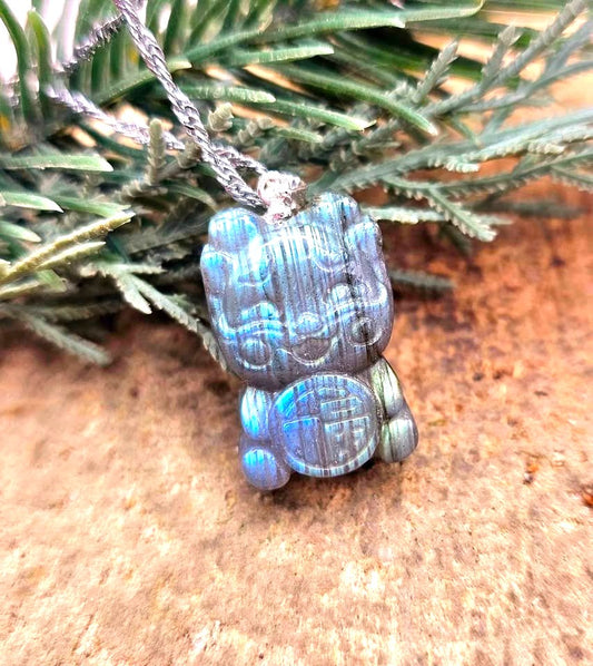 Natural labradorite carved cheerful baby dragon with Fu fortune coin crystal pendant — My Aura Gemstones