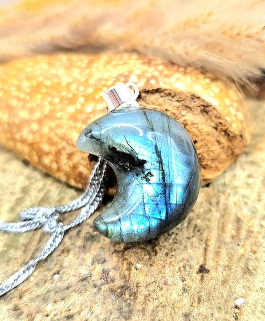 Natural labradorite carved crescent moon crystal pendant necklace — My Aura Gemstones