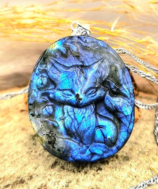 Natural labradorite carved detailed standing nine tails fox crystal pendant necklace — My Aura Gemstones