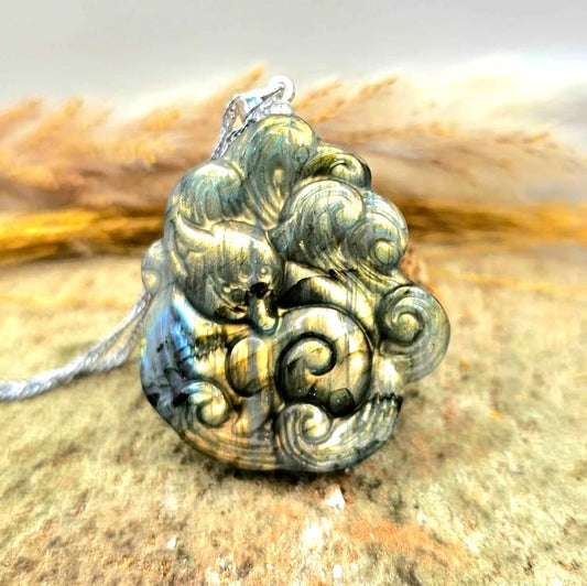 Natural labradorite carved elegant nine tails fox looking back crystal pendant necklace — My Aura Gemstones