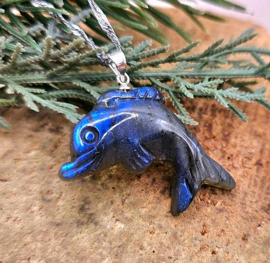 Natural labradorite carved flashy cute dolphin crystal pendant necklace — My Aura Gemstones