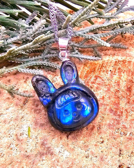 Natural labradorite carved flashy cute rabbit girl crystal pendant necklace — My Aura Gemstones