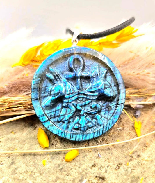 Natural labradorite carved flashy Egyptian symbols crystal pendant necklace — My Aura Gemstones