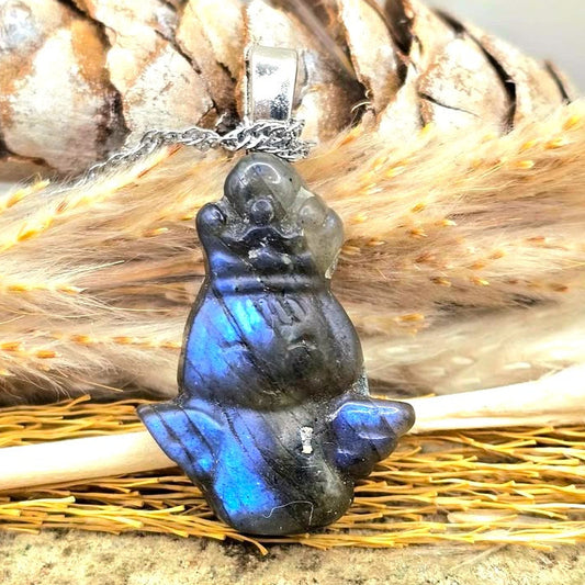 Natural labradorite carved flashy flying angel crystal pendant necklace — My Aura Gemstones