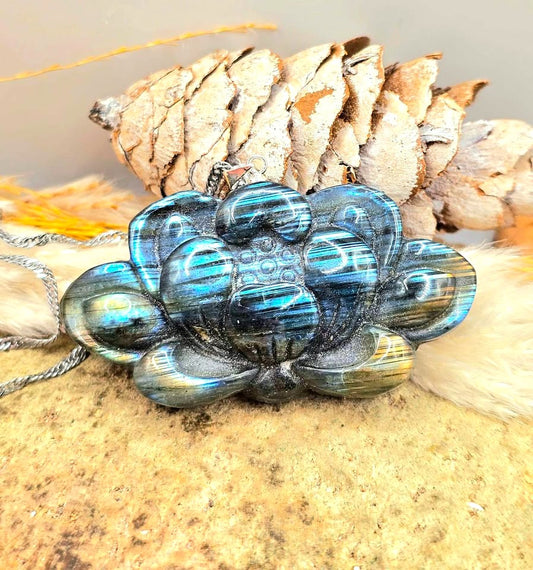 Labradorite carved flashy lotus pendant necklace alternate angle — My Aura Gemstones