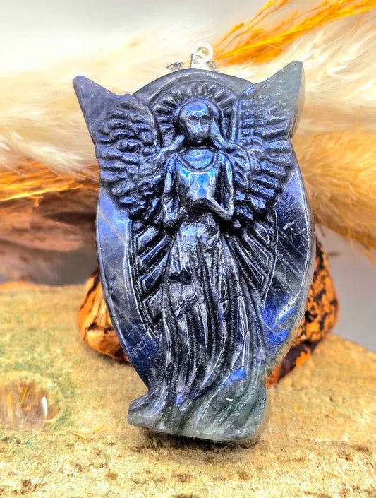 Natural labradorite carved flashy praying angel crystal pendant necklace — My Aura Gemstones
