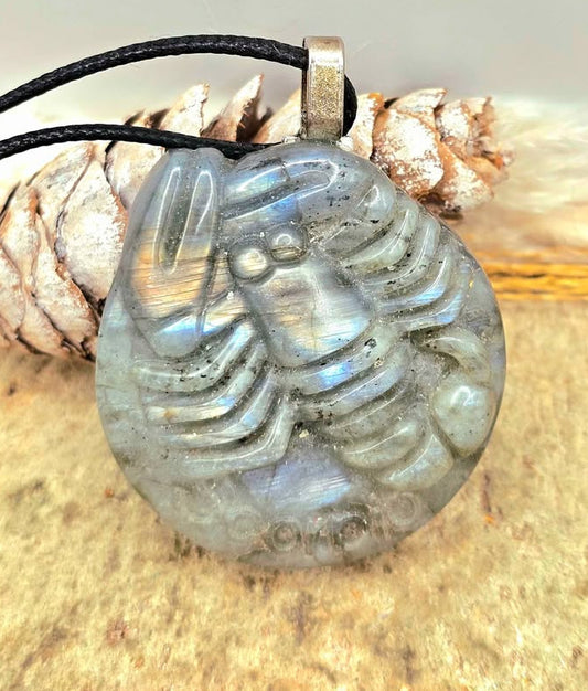 Flashy Labradorite Carved Scorpio zodiac pendant-My Aura Gemstones