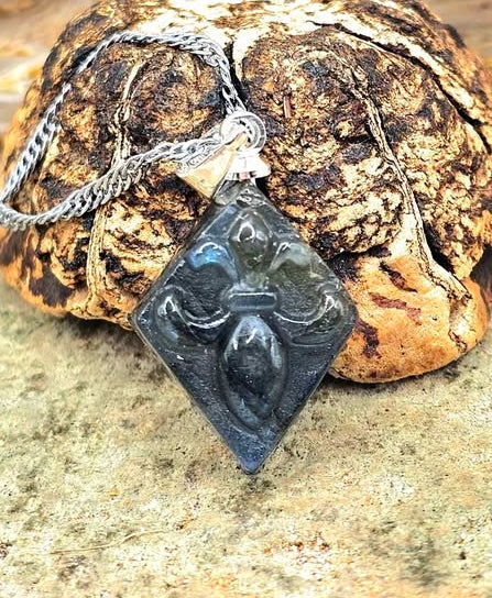 Natural labradorite carved fleur-de-lis symbol tile crystal pendant necklace — My Aura Gemstones
