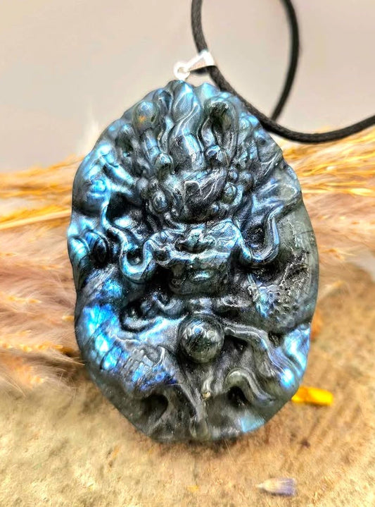 Natural labradorite carved flying oriental dragon with pearl statement crystal pendant necklace — My Aura Gemstones