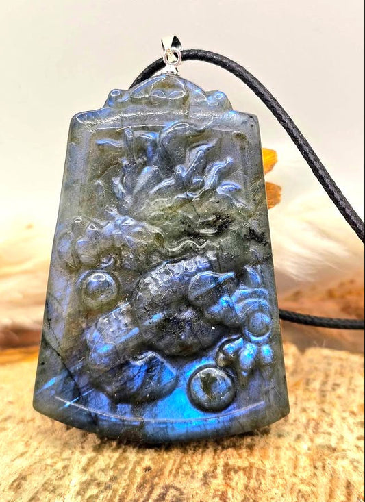Natural labradorite carved large flying oriental dragon statement crystal pendant necklace — My Aura Gemstones