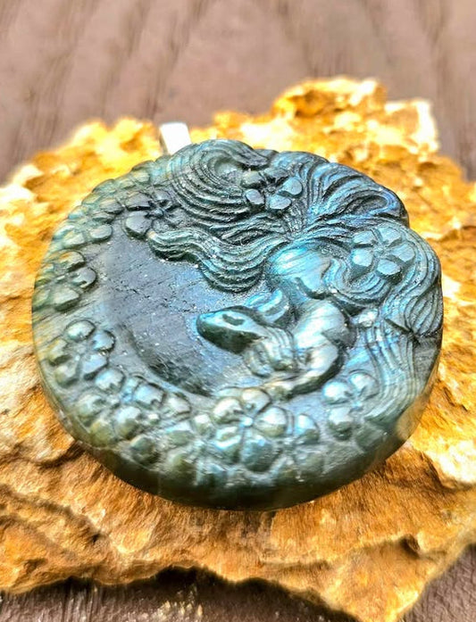 Natural Labradorite Carved Large Nine Tails Fox Looking Up Under Blossoms Pendant Necklace