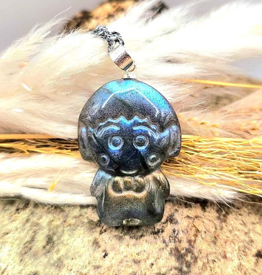 Natural labradorite carved Makura crystal pendant necklace — My Aura Gemstones