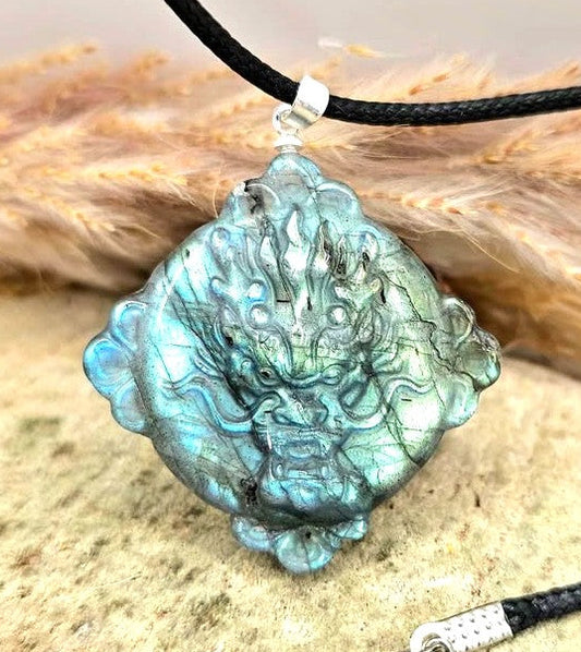 Natural labradorite carved oriental dragon and sun crystal pendant necklace — My Aura Gemstones
