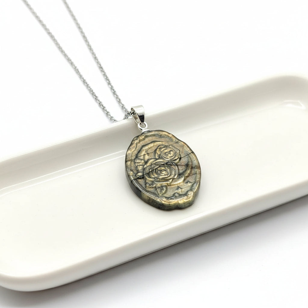 Natural labradorite carved roses and moon crystal pendant necklace — My Aura Gemstones