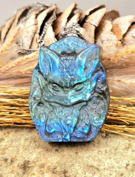 Labradorite carved sitting nine tails fox pendant necklace lifestyle view — My Aura Gemstones