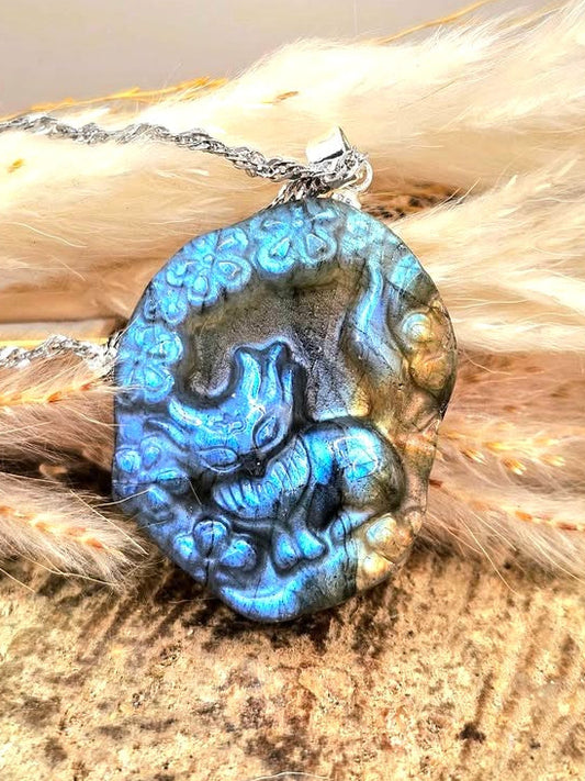 Natural labradorite carved sitting nine tails fox with blossom flowers crystal pendant necklace — My Aura Gemstones