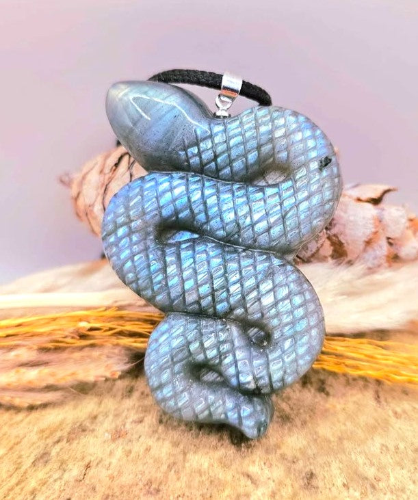 A coiled snake pendant with a textured scale pattern in a blue-gray color, featuring a black cord and silver clasp, displayed on a rustic background of dried grass and wood.-My Aura Gemstones