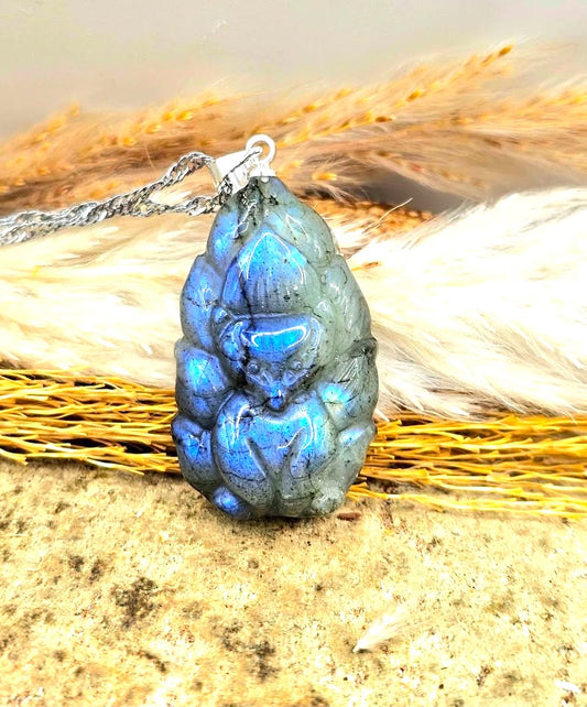 Natural labradorite carved standing nine tails fox with spreading tails crystal pendant necklace — My Aura Gemstones