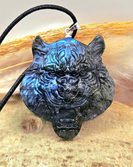 Natural labradorite carved tiger head crystal pendant necklace — My Aura Gemstones