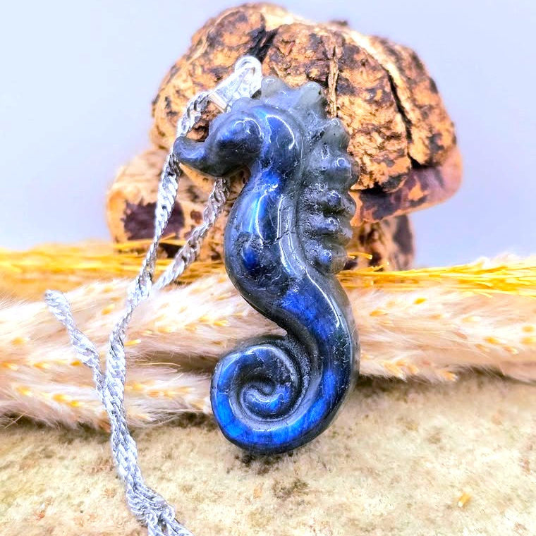 Labradorite sea horse pendant from the Ocean Treasures Crystal Set — My Aura Gemstones