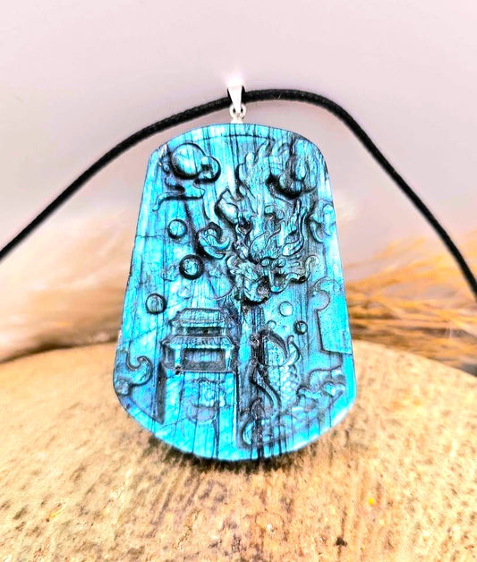 Natural labradorite carved oriental dragon and palace scene statement crystal pendant necklace — My Aura Gemstones