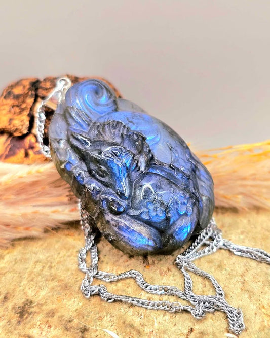 Labradorite carved sleeping nine tails fox pendant necklace close-up — My Aura Gemstones
