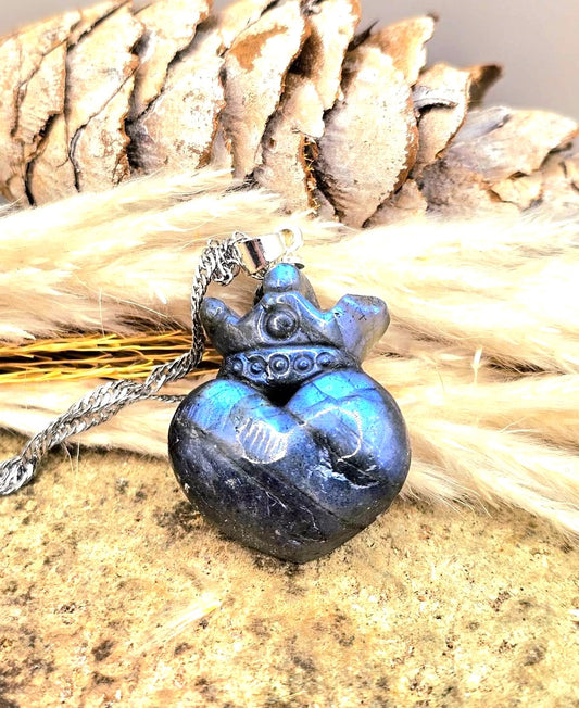 Natural labradorite heart with crown crystal pendant necklace — My Aura Gemstones