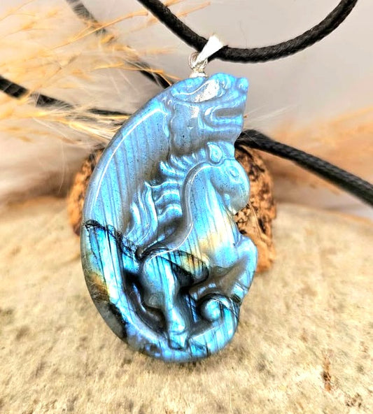 Natural labradorite horse and dragon crystal pendant necklace — My Aura Gemstones