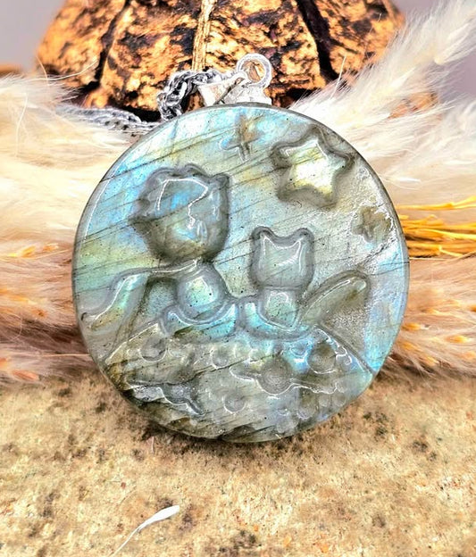 Natural labradorite little prince and fox crystal pendant necklace — My Aura Gemstones