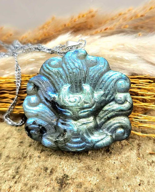 Natural labradorite nine tails fox god crystal pendant necklace — My Aura Gemstones
