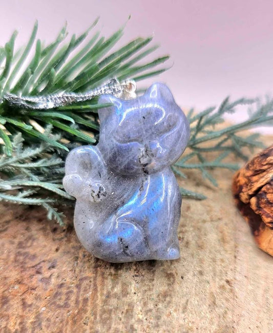 Hand-carved labradorite relaxing cat pendant with blue flash — My Aura Gemstones