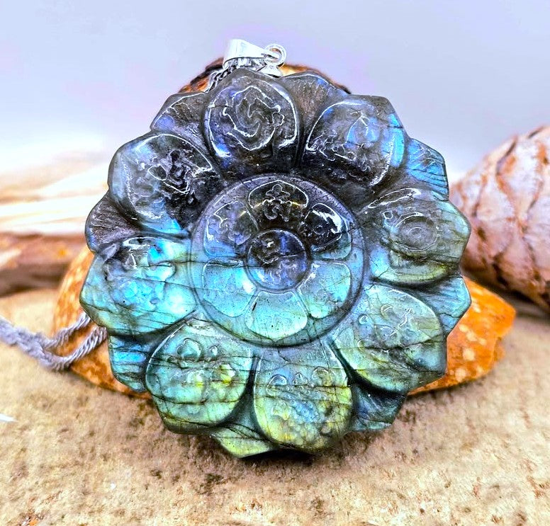 Natural Labradorite Tibet Buddhism Eight Auspicious Lotus Double Carving Pendant Necklace-My Aura Gemstones