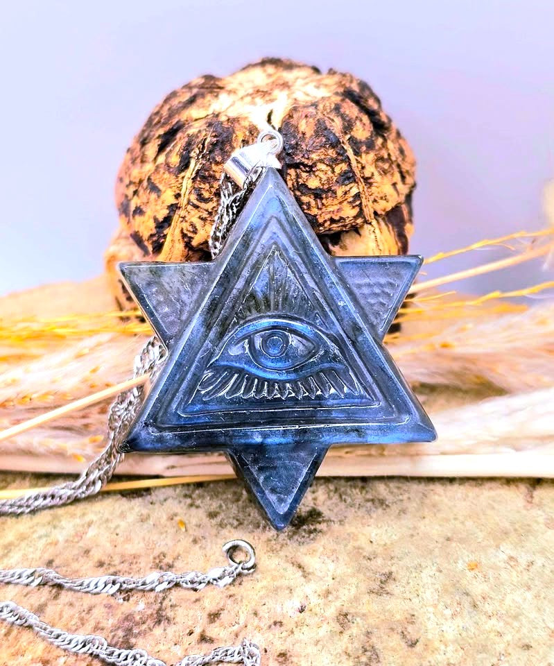 Natural Labradorite Pyramid All Seeing Eye Pendant Necklace displays on wood slice with dried grass -My Aura Gemstones