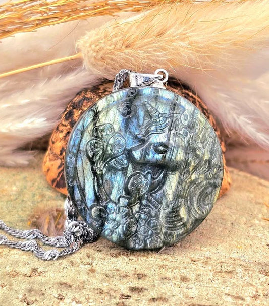 Natural labradorite unicorn and flowers crystal pendant necklace — My Aura Gemstones