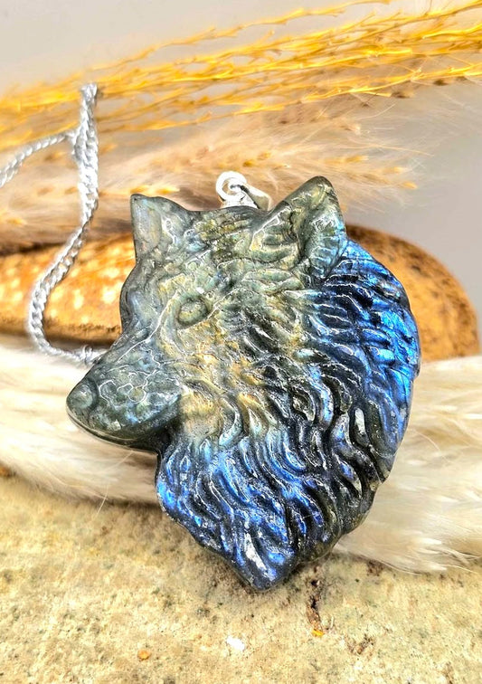 Natural labradorite wolf head pendant necklace with chain — My Aura Gemstones