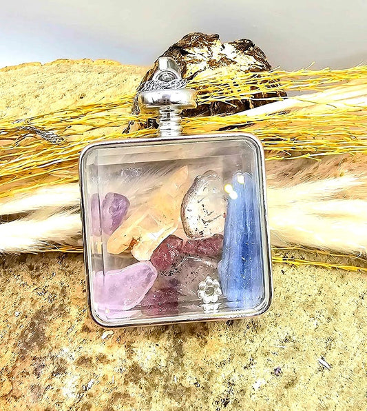 Natural mixed crystal stones square floating healing energy pendant necklace — My Aura Gemstones