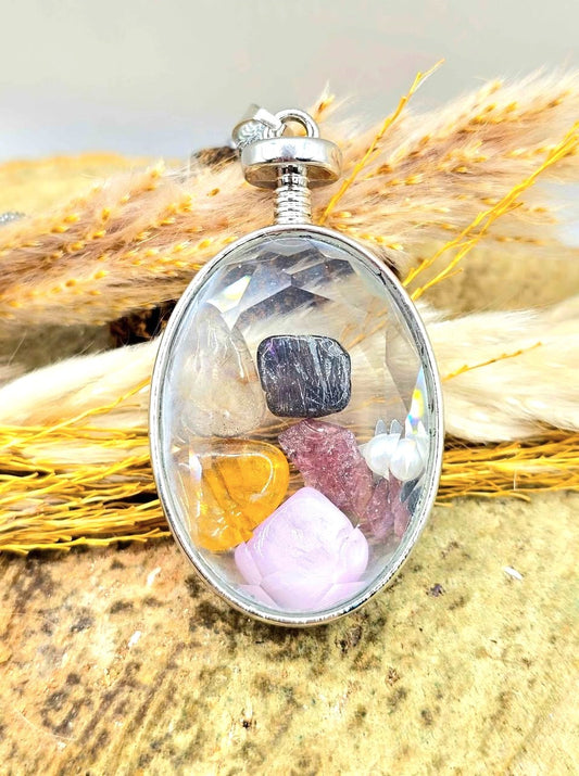 Natural mixed floating crystals oval pendant necklace — My Aura Gemstones