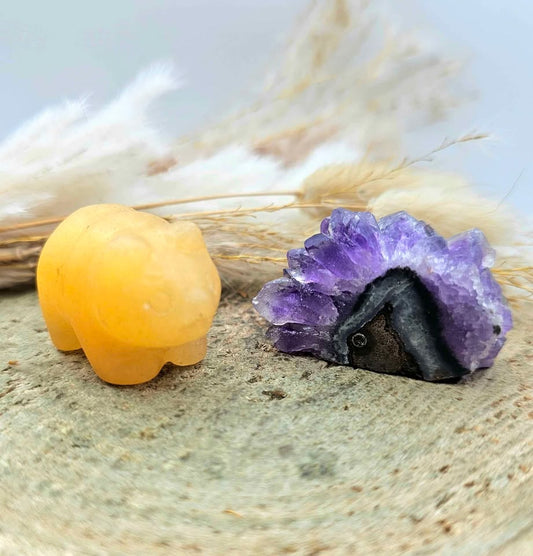 Natural orange calcite bear and amethyst cave crystal decor figure set — My Aura Gemstones