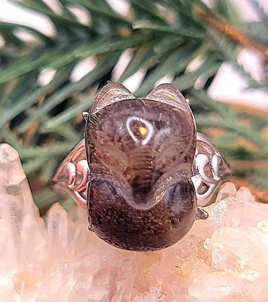 Phantom quartz hand-carved fox adjustable ring — My Aura Gemstones