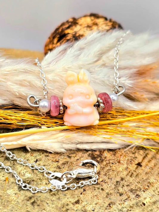 Natural pink conch carved rabbit with tourmaline crystal pendant necklace — My Aura Gemstones