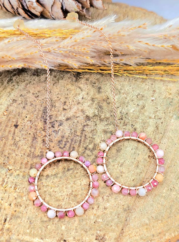 Pink plum blossom tourmaline faceted  threader earrings back detail — My Aura Gemstones
