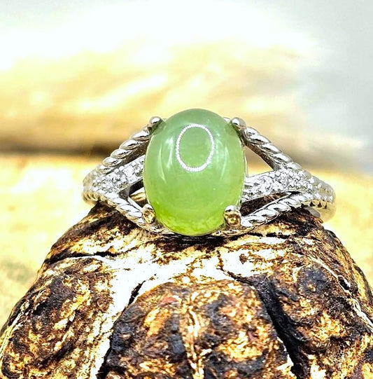 Natural Prehnite adjustable ring with green oval cabochon and twisted rope band - My Aura Gemstones