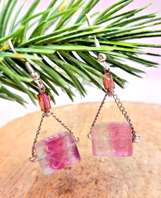 Rainbow fluorite carved fret-symbol block dangle earrings — My Aura Gemstones